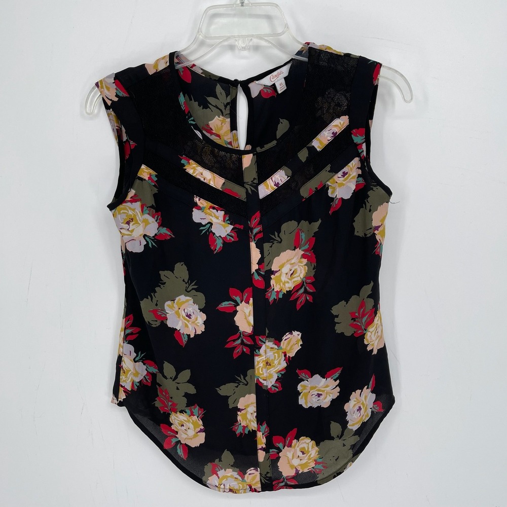Candie's Women's Black Floral Lace‎ Trim Sleeveless Blouse Tank Top Size XS